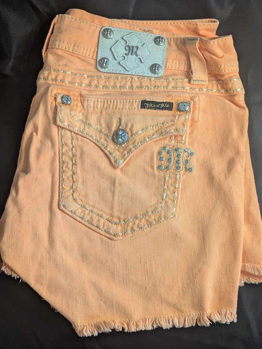Miss Me Peach Denim Shorts with Embellished Pocket